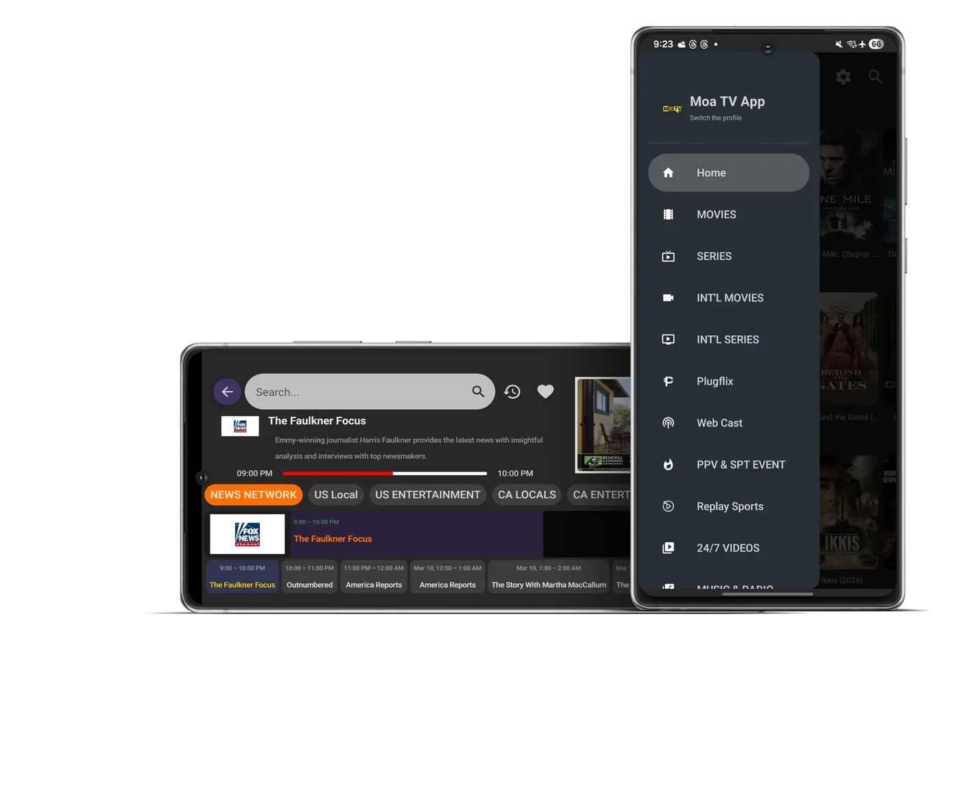 The MoaTV App on mobile, showing the live TV guide and content library